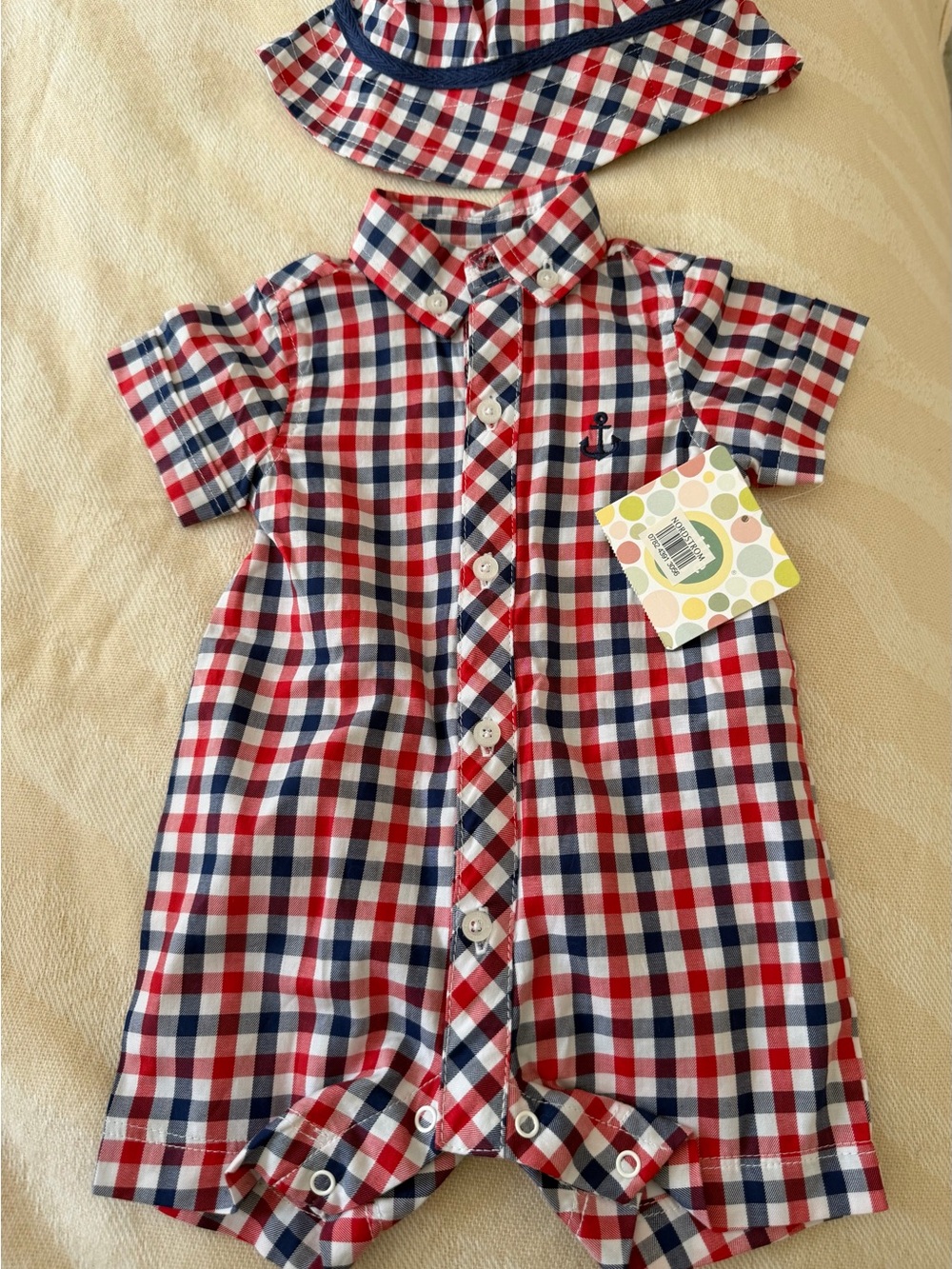 Little Me Red White Navy Plaid Button-Front Baby Romper